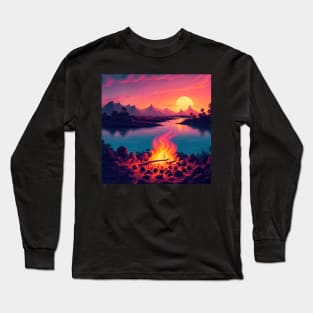 80s Style A Camping Fire in a Beautiful Beach Sunset Retro Vintage Travel Artwork Long Sleeve T-Shirt